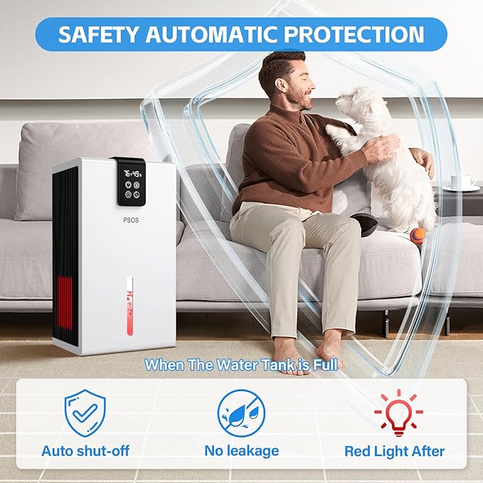 PSOS Dehumidifier, Dehumidifiers for Home, 98 OZ Water Tank, (1000 sq.ft) Quiet Dehumidifier for Basement Bathroom Bedroom with Humidity Display, Auto Shut Off, Relaxing 7 Color Ambient Light(White)