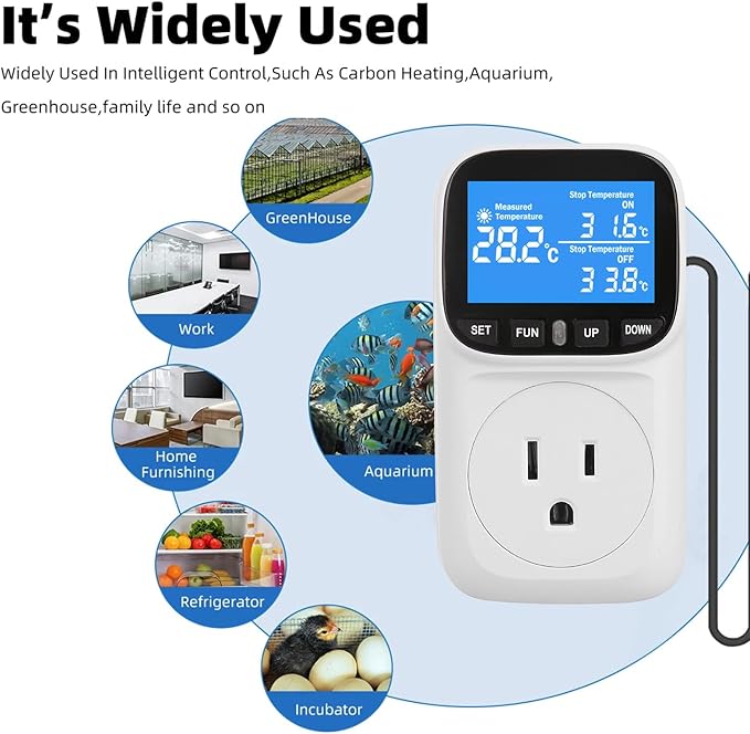 Digital Temperature Controller, Heavy Duty 15A/1800W Thermostat Outlet Plug, VA Display Heating Cooling Control Timer, -40℉~210℉, Cyclic Timing/Countdown, for Greenhouse Incubator Homebrew