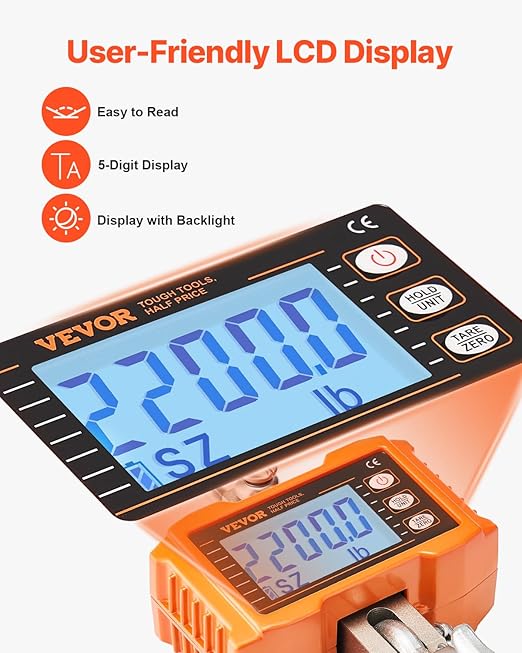 VEVOR Digital Crane Scale, 2200 lbs/1000 kg, Industrial Heavy Duty Hanging Scale with Remote Control, Cast Aluminum Case & LCD Screen, High Precision for Construction, Factory, Farm, Hunting (Orange)
