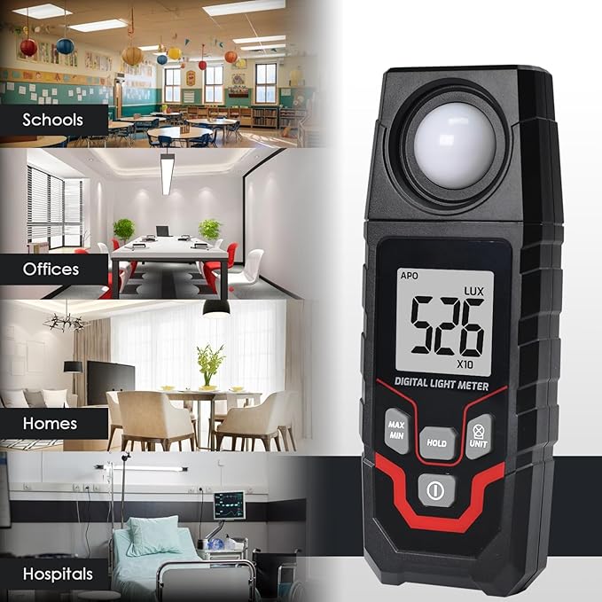 Light Meter Digital Illuminance Meter, Lux/Foot Candles Meter, Range up to 200,000 Lux Handheld Photometer with 4 Digit LCD Display Backlit Light Meter Photography Luxmeter for LED Plants