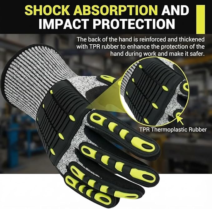 Impact Protection Gloves,Level5 Cut Resistant Work Gloves,Nitrile Coated Heavy Duty Work Gloves, Anti Vibration Gloves For Men,Women(1Pair,Medium)
