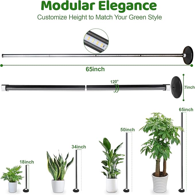 270°&60W Grow Lights for Indoor Plants with Stand, Full Spectrum LED Plant Light with Remote, Adjustable Height up to 65 Inch, Wide Illumination Grow Lamp with On/Off Switch and Round Stand