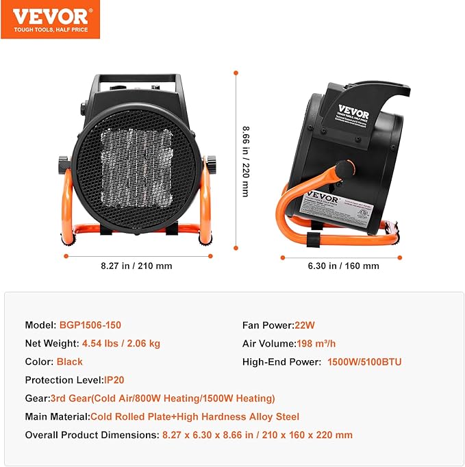 VEVOR Greenhouse Heater with Thermostat, 1500W PTC Fast Heating with Overheat Protection, 3-Speed Setting Small Grow Tent Heater, Electric Portable Heater Fan for Green House, Flower Room, Workplace