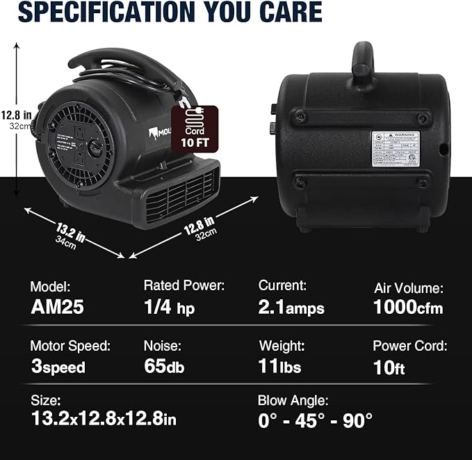 MOUNTO 1/4hp 1000CFM 2 Speed Air Mover Carpet Dryer Floor Fan Cooling Fan (Black)