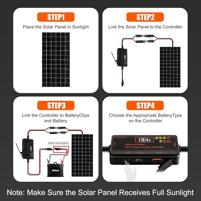 Solar Charge Controller 12V 20A, Solar Panel Charge Controller with Type-C and USB Output for Solar Panel and Gel, AGM, LiFePO₄ Battery (10A MPPT2)