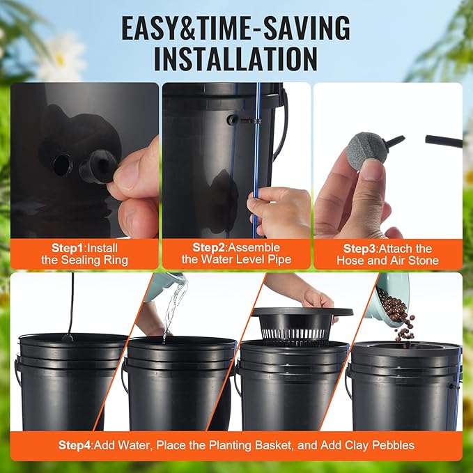 VEVOR DWC Hydroponics Grow System, Hydroponic Growing System with Top Drip Kit, Deep Water Culture 5-Gallon 4 Buckets, with Air Pump, Air Stones and Water Level Device for Leafy Vegetables