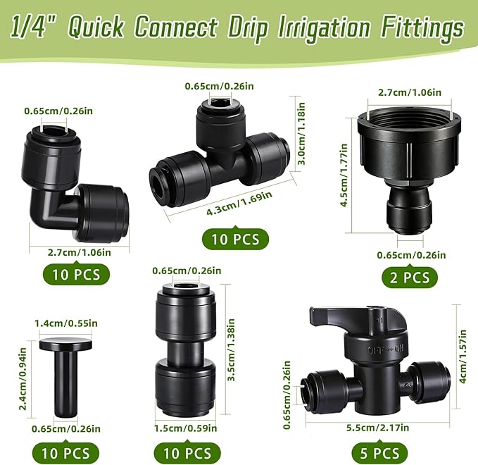 47 Pack Quick Connect 1/4" Drip Irrigation Fittings Kit, 1/4'' Drip Irrigation Tubing Push-to-Fit Connectors Parts- 5 Shut Off Valve, 10 Tees, 10 Couplings, 10 Elbows,10 End Plugs, 2 Faucet Adapters