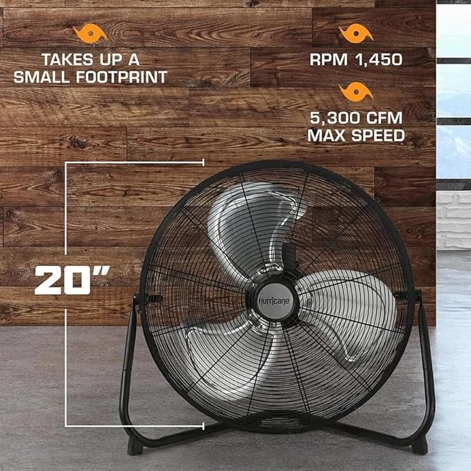 Hurricane Pro Heavy-Duty High Velocity Metal Blade Floor Fan w/ 3 Speeds, Black, 20" - Corded Electric Air Cooling Unit w/ 5300 CFM Airflow for Home, Greenhouses, Garages, Gyms & Workshops