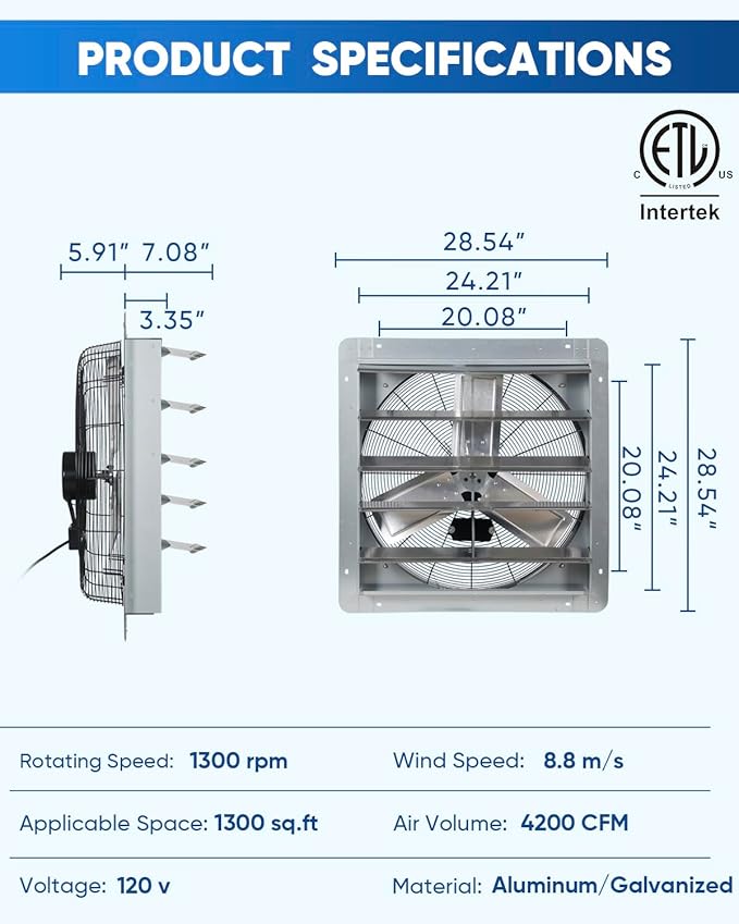 KEN BROWN 24 Inch Shutter Exhaust Fan with Speed Controller, 4200CFM High Speed, Wall Mounted Ventilation Fan for Garage, Attic, Greenhouse, Shed, Shop, Chicken Coop, Pre-Wired 1.65M Power Cord