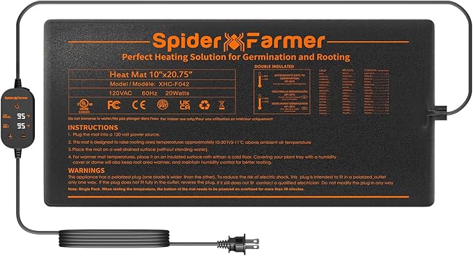 Spider Farmer Seedling Heat Mat 10"x20.75" with Built-in Temperature Controller Waterproof Plant Heating Pad for Indoor Seed Starting Germination Hydroponics, Greenhouses and Brewing