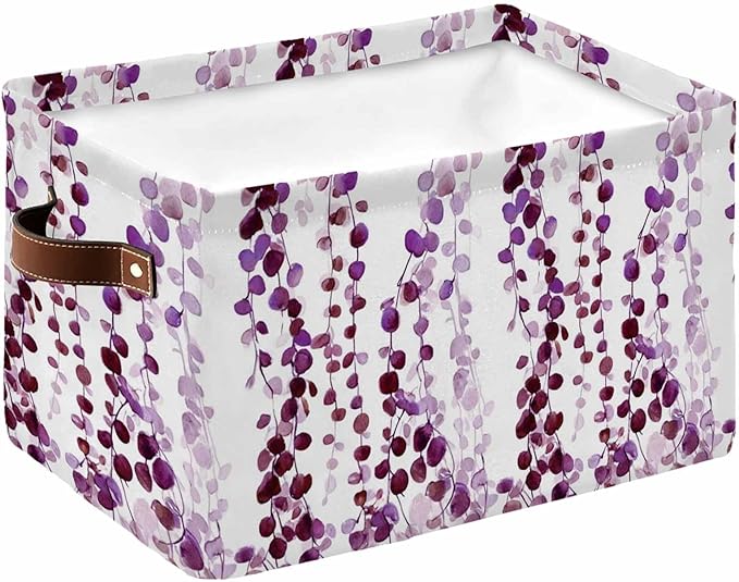 Purple Weeping Eucalyptus Storage Bins Cubes Waterproof Cloth Storage Basket,Spring Summer Farmhouse Leaves Foldable Storage Bags for Shelf Clothes Storages Organizers with Handles 15x11x9.5 in 1PCS