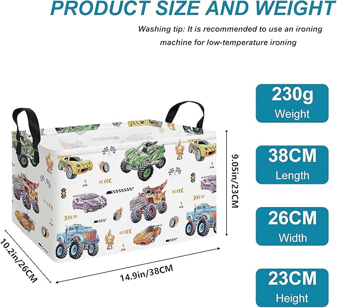 FANKANG Rectangular Monster Truck Basket Storage Bins,Nursery Hamper Canvas Laundry Basket Foldable with Waterproof PE Coating for Kids, Office, Bedroom, Clothes,Toys(Rec-Monster Truck
