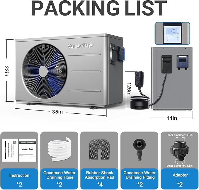 30000 BTU Swimming Pool Heat Pump Above Ground Pool Heater 8,000 Gallon High Efficiency COP 5.8 Energy Save 43% Smart WiFi Control 110V