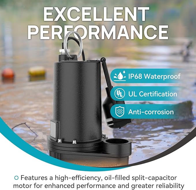 2/5HP Cast Iron Sewage Pump, 5995GPH Submersible Effluent Pump with Auto Float Switch, Ideal for Basement/Sump Applications – Commercial-Grade Drainage System, 20ft Cord