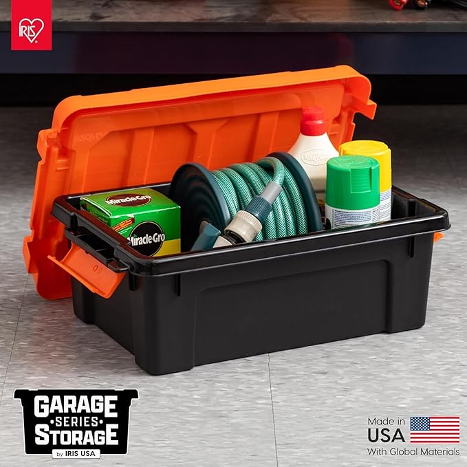 IRIS USA 12 Gallon Lockable Storage Bins with Lids, 2 Pack - Made in USA, Heavy Duty, Stackable Containers, Garage Organizing Bins Moving Tubs, Rugged Sturdy Equipment Utility Box - Black/Orange