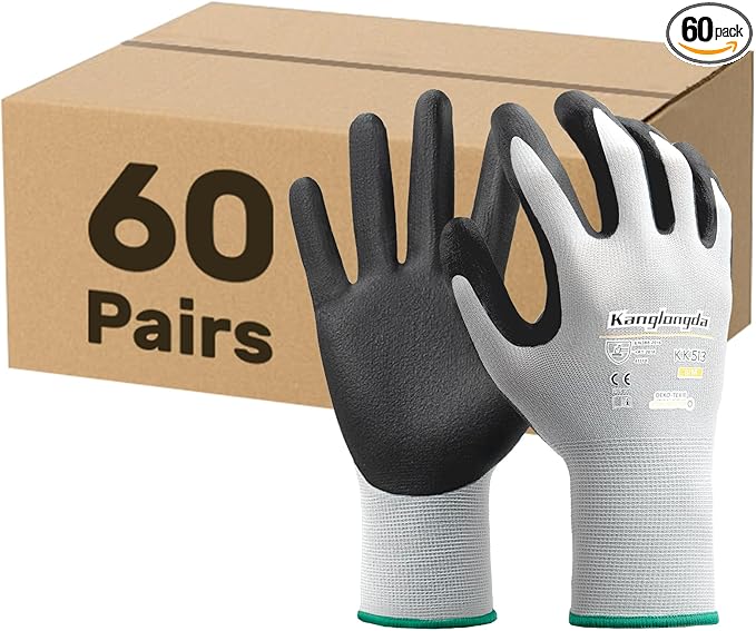 Kebada 60-Pairs Medium Work Gloves for Men and Women, Nitrile Coated Safety Protective Gloves with Grip, Ideal for Warehouse, Delivery, Light Duty Construction Work