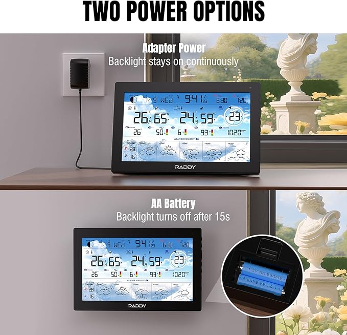 Raddy N90 Wi-Fi Weather Station with 8.8" Display, Smart App Connectivity, Indoor Outdoor Thermometer with Wireless Sensor, Temp & Humidity Monitor, PM2.5/AQI/UVI, 5-Day Forecast, Sunrise/Sunset Time