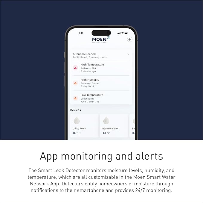 Moen Flo Smart Water Leak Detector, Drip or Flood Sensor Alarm for Home, 2-Pack, White, 920-004