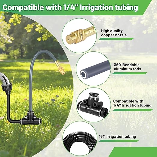 49.2 Ft 360° Adjustable 1/4" Drip Irrigation System Bendable Watering Misting System Drip Irrigation Kit Garden Watering Atomizing System with 12 Nozzles, Automatic Irrigation System for Garden