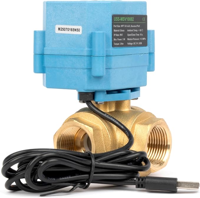 U.S. Solid WiFi Smart Motorized Ball Valve 3/4 inch NPT for Water Control & Irrigation, 3 Way Brass Electric Valve, USB Powered, LED Status Indicator, Flow Direction Window, Remote On/Off Control