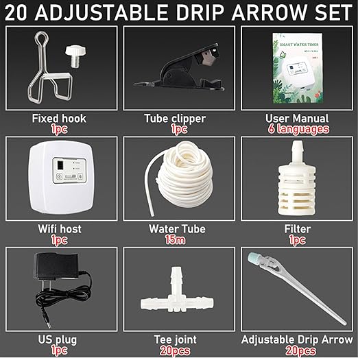 Smart Mobile Remote Timer, Drip Irrigation System, DC12V Adjustable Phone Control Automatic Timer Garden Watering System for Potted Plants Balcony (US Plug)
