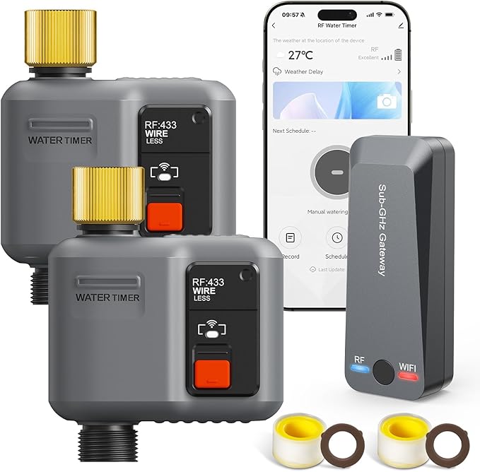 WiFi Sprinkler Timer 1 Zone with 984 Feet RF Gateway, 2 Pack Dark Gray-Brass Inlet Smart Water Timer for Garden Hose with Rain Delay/Manual/Automatic,WiFi Water Timers for Garden