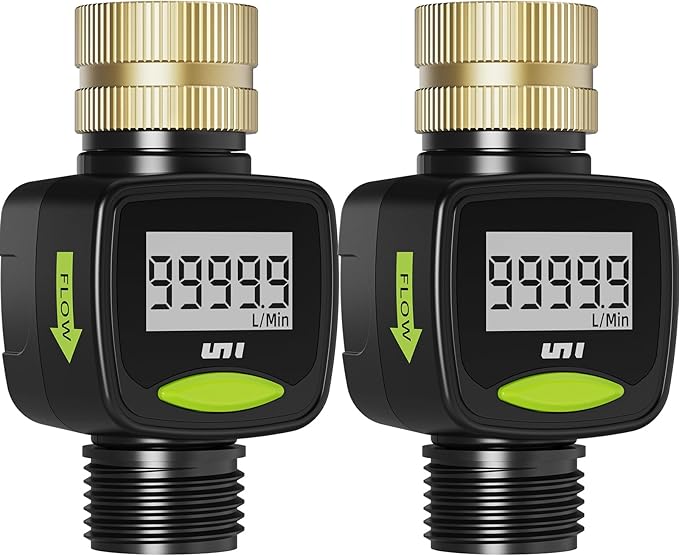 Unistyle Water Flow Meter with Brass Inlet Metal Thread, ±5% Measure Accuracy, RV Water Tank Filling, Measure Gallon/Liter Flow Rate Outdoor Garden Hose Watering, Lawn Sprinkler Nozzle Sprayer 2 Pack