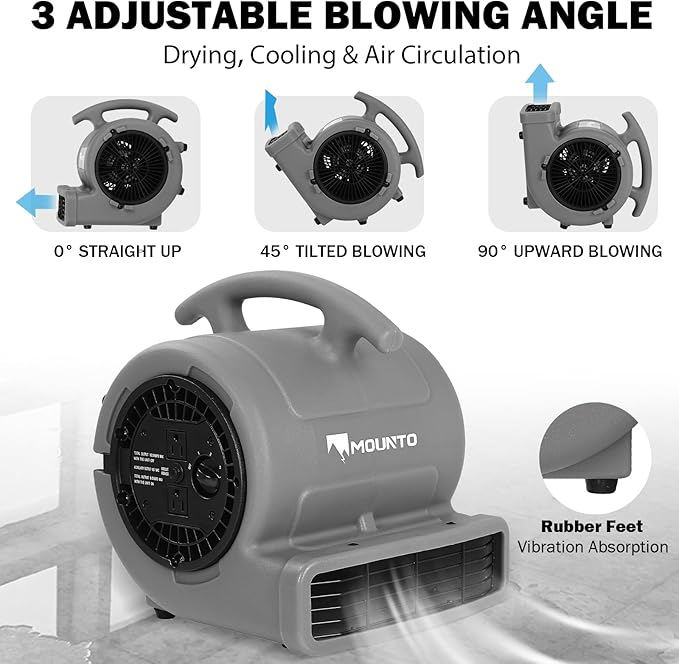 MOUNTO 1/4hp 1000CFM 2 Speed Air Mover Carpet Dryer Floor Fan Cooling Fan (Grey)