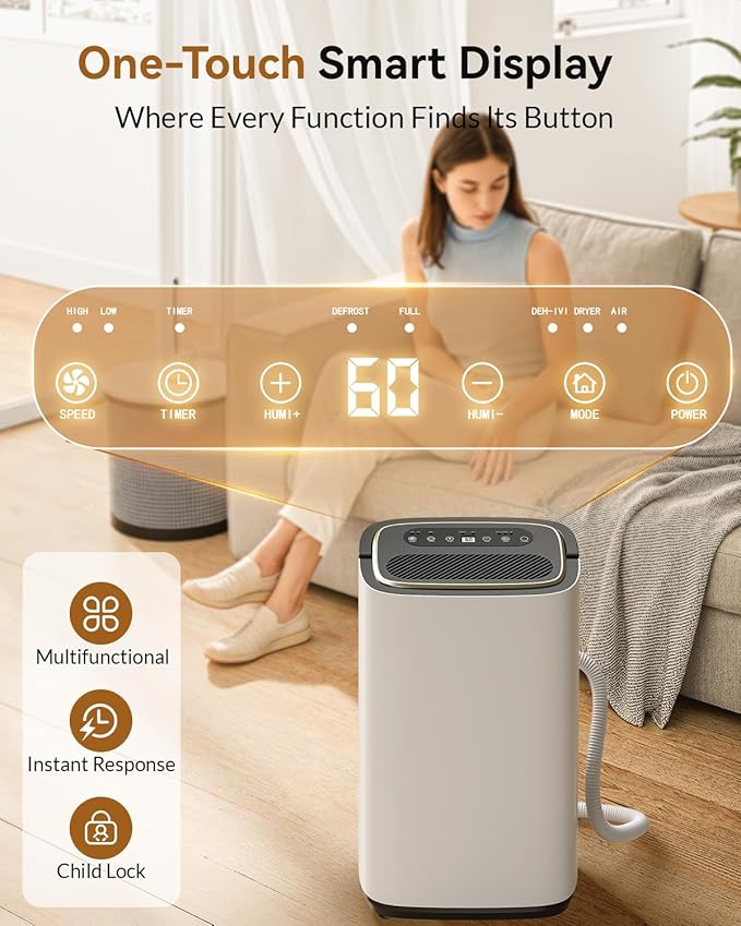 3000 Sq. Ft. Dehumidifier for Basement, 30 Pint Quiet Dehumidifiers for Home with Drain Hose, Smart Humidity Control, 24H Timer & Child Lock, Ideal for Large Rooms, Bathroom, Bedroom, Garage