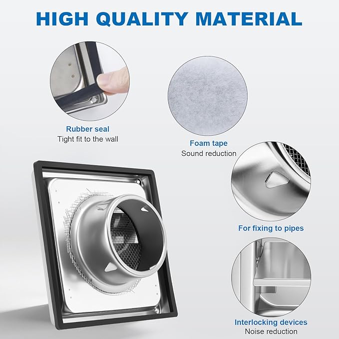 4" Metal Dryer Vent Cover Outside with Removable Extended Pipe, 304 Stainless Steel Outdoor Exterior Wall Air Vent Cover with Louvre for Dryer Vents Range Hood Vent AC Vent