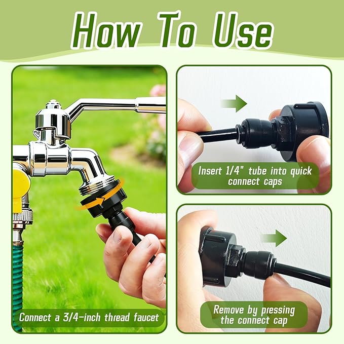 6 Pcs 3/4" to 1/4" Drip Irrigation Faucet Adapters, Quick Connect 3/4" Faucet to 1/4" Tubing Drip Irrigation Hose Adapters, Push-to-Fit Garden Hose to 1/4 Tubing Adapter for Irrigation System