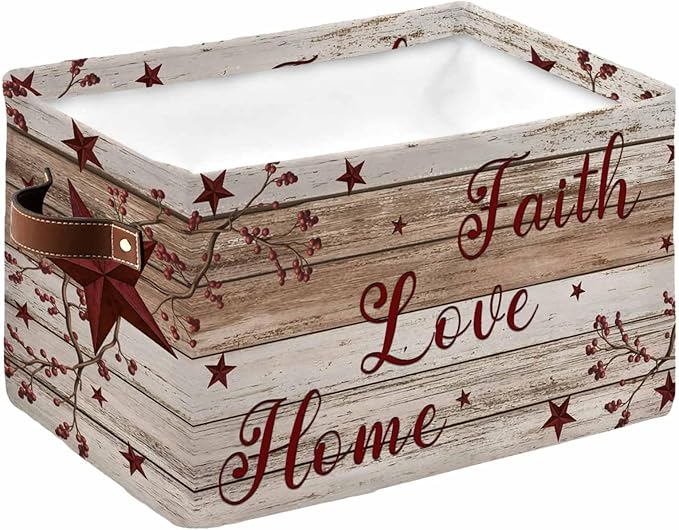Vintage Farmhouse Storage Bins Cubes Waterproof Cloth Storage Basket,Brown Country Star Berries Wooden Grain Foldable Storage Bags for Shelf Clothes Storages Organizers with Handles 15x11x9.5 in 1PCS