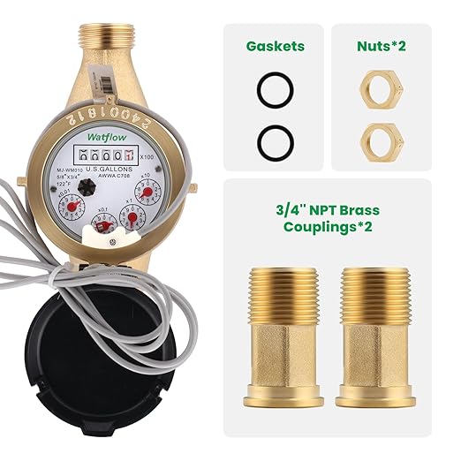 Watflow DN20 Water Meter 3/4" NPT,AWWA C708 Certification Gallon Water Flow Meter with Pulse Output, Cold Water Meter for Garden/Home/Apartment, Horizontal Install.