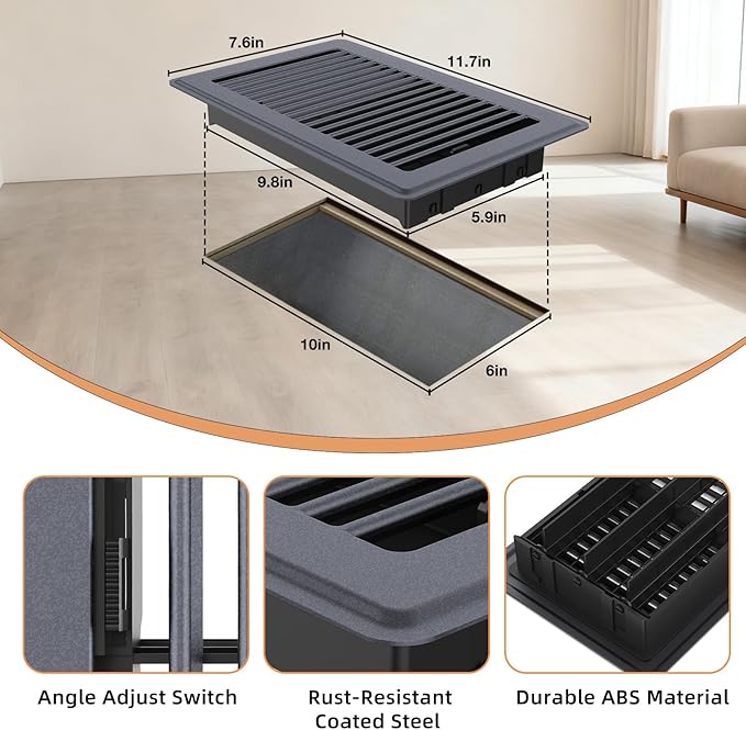6 x 10 Floor Register, Gray Heavy-Duty Steel Vent Covers for Home Floor with Adjustable Airflow Control Lever, Easy Installation and Quiet Operation for HVAC Systems - 4 Pack