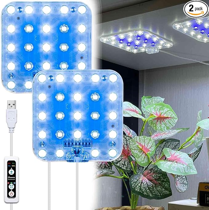 DOMMIA Full Spectrum LED Grow Light for Indoor Plants, 2 Panels 10W with 6/12/16h Timer Dimmable Plant Lights for Flower Veg Plant Growth USB, Bluish White, 2-Pack
