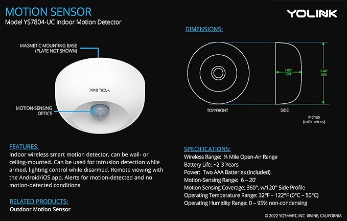 YoLink LoRa 1/4 Mile Wireless Range Smart Motion Detector, Indoor Motion Sensor, Motion Detector, Alexa, IFTTT, YoLink Hub Required