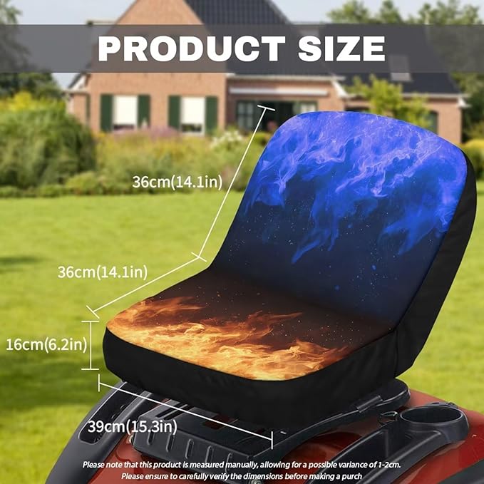 Riding Lawn Mower Cushioned Seat Cover Replacement,Flames Weatherproof Tractor Seat Cover with Convenient Pockets