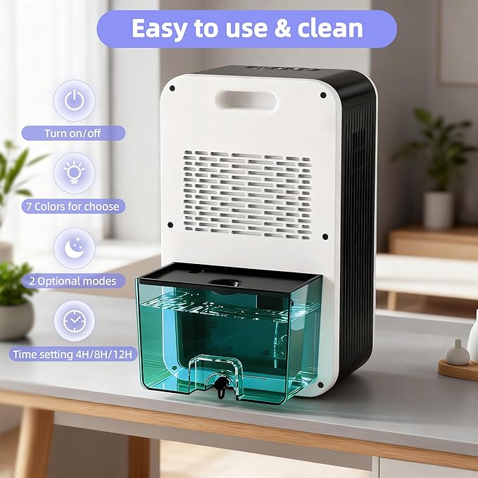 Dehumidifier, 95OZ Dehumidifiers for Home 1000 Sq.Ft, Quiet with Auto Shut Off, Humidity Display Dehumidifier for Bedroom/Bathroom, Timer, Drain Hose, 7-color LED light, Moisture Absorbers (White)
