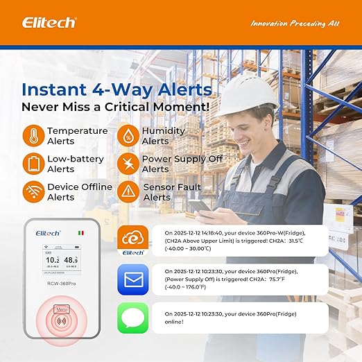 Elitech Cellular + Wi-Fi Remote Temperature Humidity Monitor Data Logger 100000 Points, Power Outage Alarm, App/Email/Text Alerts, Pharmacy DDL, Cold Chain, PDF/CSV Report,2-Year Subscription Included