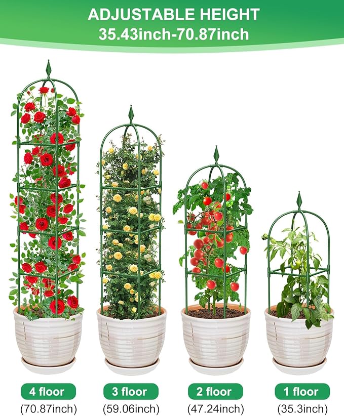 MYMULIKE 2 Pack Garden Obelisk Trellis for Climbing Plants Outdoor & Indoor - 6Ft Rustproof Garden Trellis Plant Support Cage for Vines, Flowers, Vegetables, Roses | Heavy-Duty, Adjustable