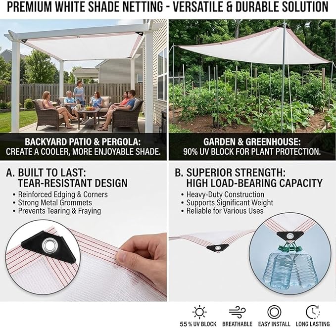 White Shade Cloth for Garden, 50% Mesh Tarp with Grommets, Breathable Sun Shade Cloth for Greenhouse, Plants Cover, Patio, Chicken Coops, HDPE Shade Net for Outdoor UV Resistant(38x38ft)