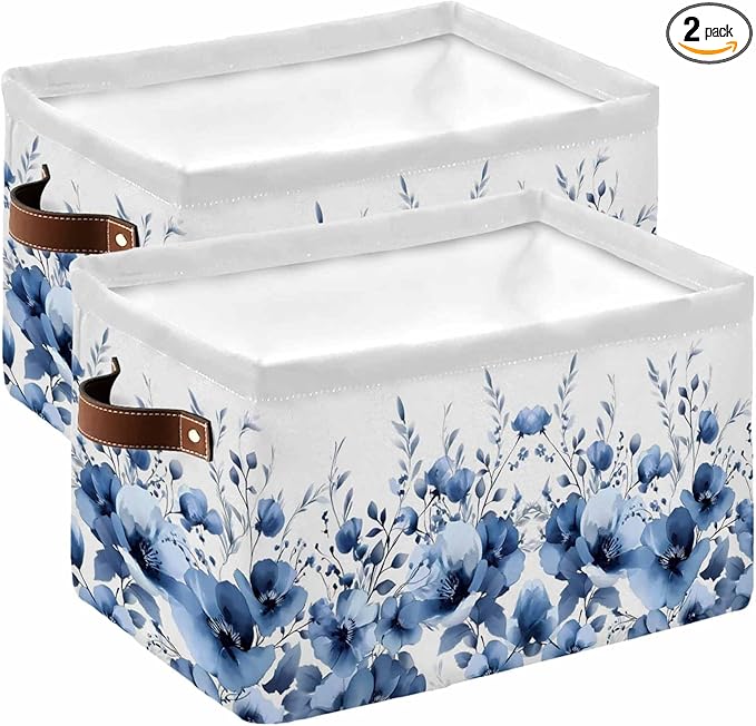 Blue Blooms Floral Storage Bins Cubes Waterproof Cloth Storage Basket,Farmhouse Spring Flowers Botanical Foldable Storage Bags for Shelf Clothes Storages Organizers with Handles 15x11x9.5 in 2PCS