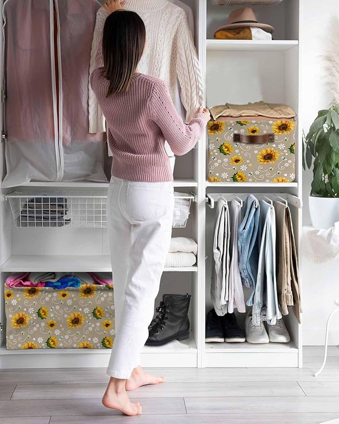 Brown Yellow Sunflower Storage Bins Cubes Waterproof Cloth Storage Basket,Summer Botanical Farmhouse Floral Foldable Storage Bags for Shelf Clothes Storages Organizers with Handles 15x11x9.5 in 1PCS