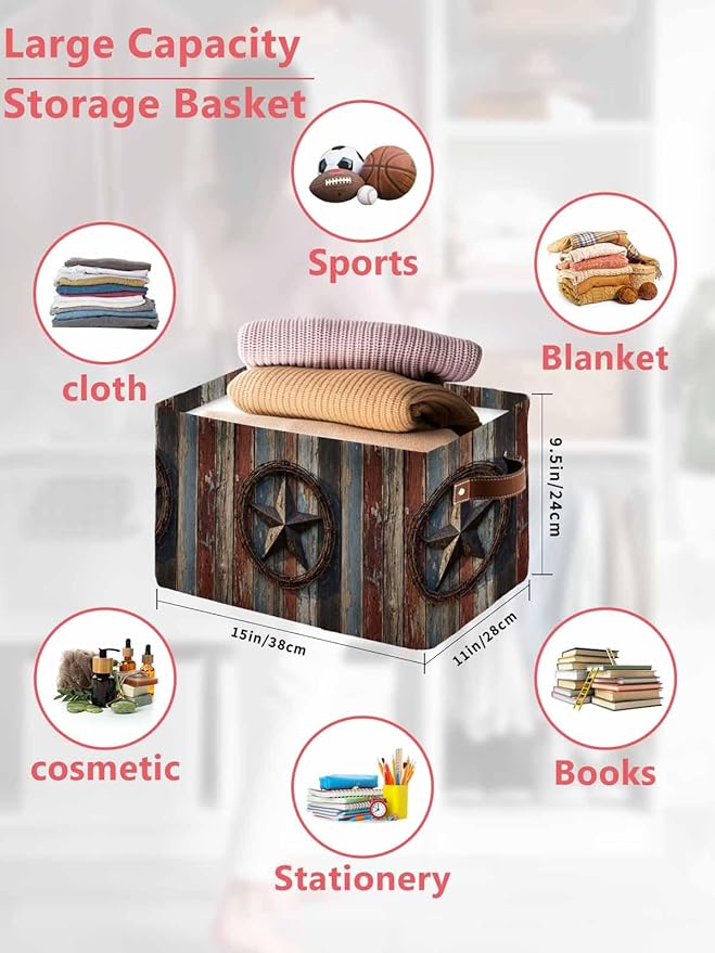 Western Texas Star Retro Storage Bins Cubes Waterproof Cloth Storage Basket, Country Farmhouse Brown Wooden Foldable Storage Bags for Shelf Closet Clothes Organizers with Handles 15x11x9.5 in 2PCS