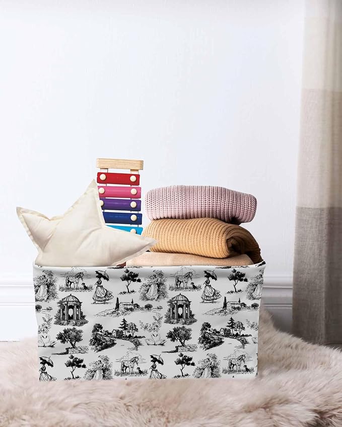 Farmhouse Country Storage Bins Cubes Waterproof Cloth Storage Basket, Retro French Garden Horse Swan Foldable Storage Bags for Shelf Closet Clothes Organizers with Handles 15x11x9.5 in 1PCS