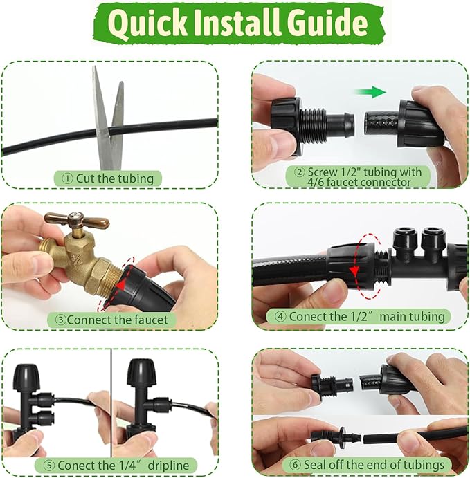 MIXC 1/4" Irrigation Dripline Tubing Kit (100 Ft Roll) with 10Ft 1/2" Main Line, Saving 80% Water, 6" Emitter Spacing, 0.5GPH Emitters Built-in Drip Irrigation Line with 1/4" Push-to-Connect Fittings