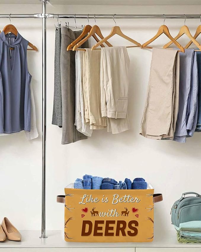 Orange Deer Storage Bins Cubes Waterproof Cloth Storage Basket, Wildlife Animals Rustic Farmhouse Elk Foldable Storage Bags for Shelf Closet Clothes Storages Organizers with Handles 15x11x9.5 in 2PCS