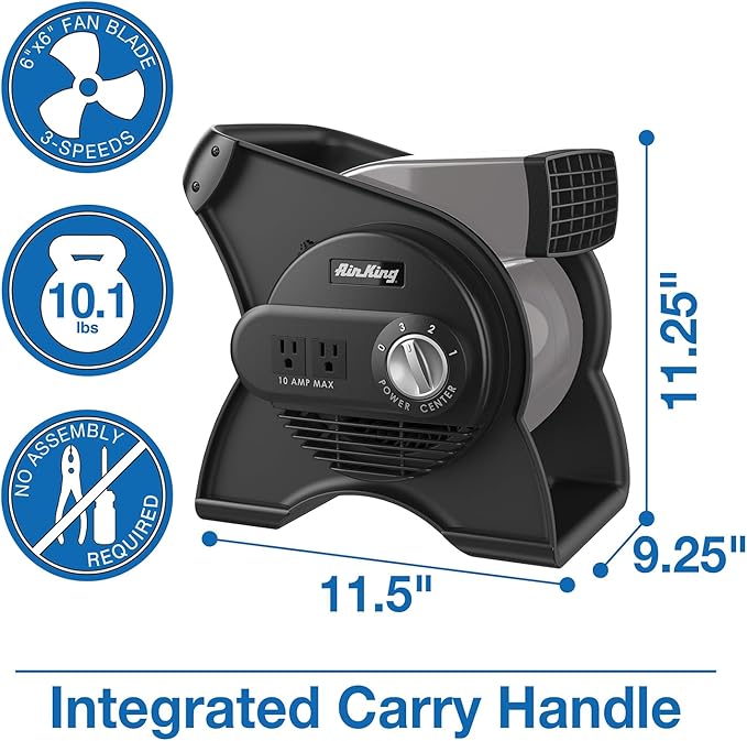 Air King Commercial Grade Pivoting Utility Fan, for Cooling, Ventilating, Exhausting and Drying at Home, Job Site, Work Shop, Construction, 3 Speeds, 11.25", Black, 9550