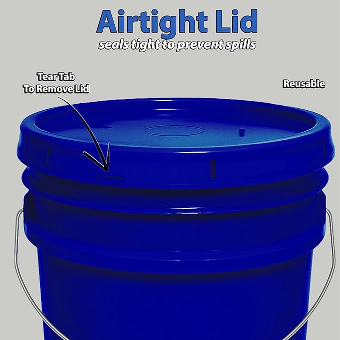 MKS Plastics 5-Gallon Bucket with Airtight Lid – Made in USA, Food Grade BPA Free Plastic, Heavy Duty Multi-Use, Metal Handle with Grip, Stackable Storage – Fina Blue, 3 Pack