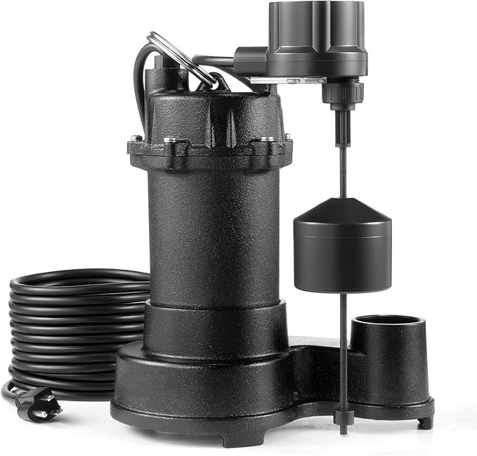 VEVOR Submersible Sewage Pump, 1/3 HP, 3000 GPH Cast Iron Sewage/Effluent Pump with Automatic Float Switch, 1.5-Inch NPT Discharge, 120V, 25 ft Lift, for Basement, Septic Tank, Residential Sump Basin
